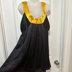 bebe Black w/Gold Neck/Shoulder Border Trim 100% Silk Mini, Size L